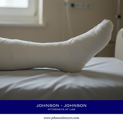 An injury victim resting in bed, their leg fully bandaged after sustaining a personal injury in Gilbert, South Carolina