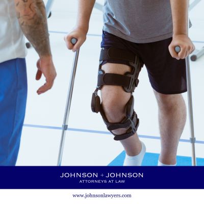 An injury victim getting used to using crutches after a serious accident in Edmund