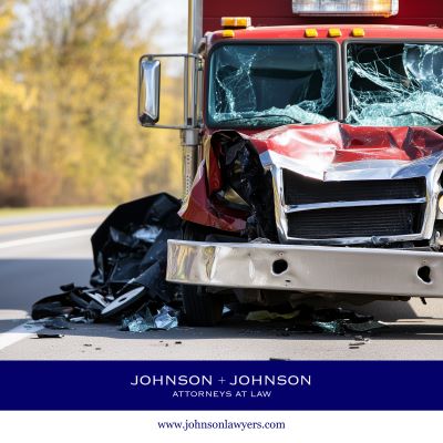 A commercial truck after a serious crash in Columbia, with a smashed windshield and debris scattered around