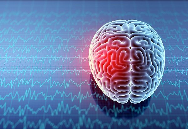 A digital illustration of a human brain with a red-highlighted area, symbolizing trauma or injury, is set against a background of brainwave activity, representing neurological damage or traumatic brain injury (TBI).