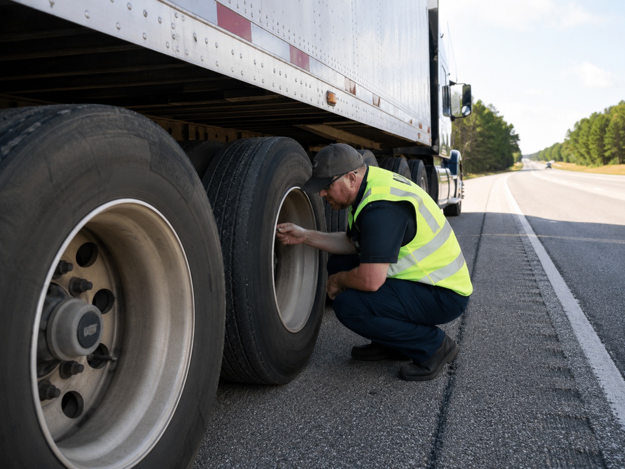 A commercial truck driver or inspector wearing a high-visibility safety vest and baseball cap crouches down on the shoulder of a highway to examine the tandem tires and brake assembly under a semi-truck trailer.