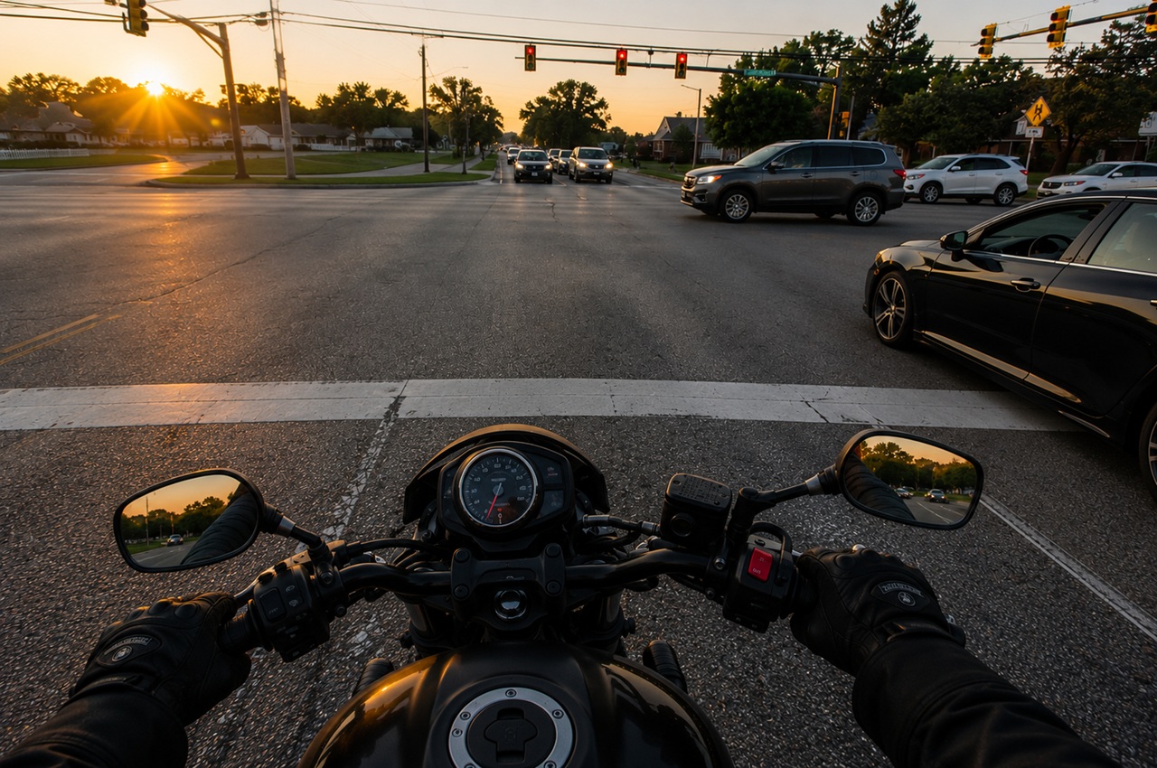 A first-person point-of-view perspective from a motorcycle stopped at a painted crosswalk line in Lexington, South Carolina, looking out at a wide intersection with oncoming and crossing traffic at sunset.