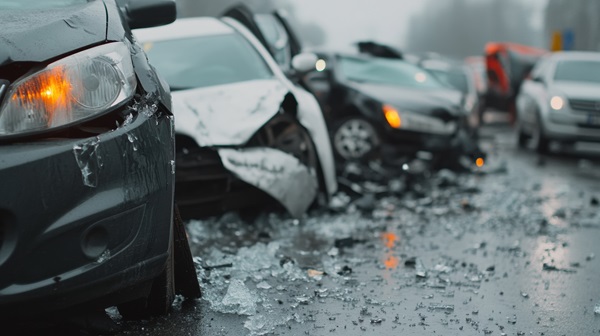 A low-angle, close-up view of a multi-car accident on a wet road in South Carolina, showing shattered glass and debris scattered across the pavement in front of several mangled vehicles.