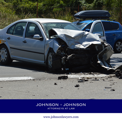 A heavily damaged car with a crumpled front end after a car accident in Newberry, SC