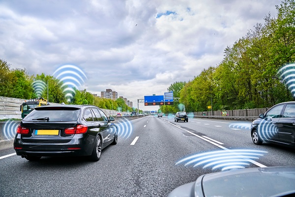 3d illustration of self-driving cars on a highway.