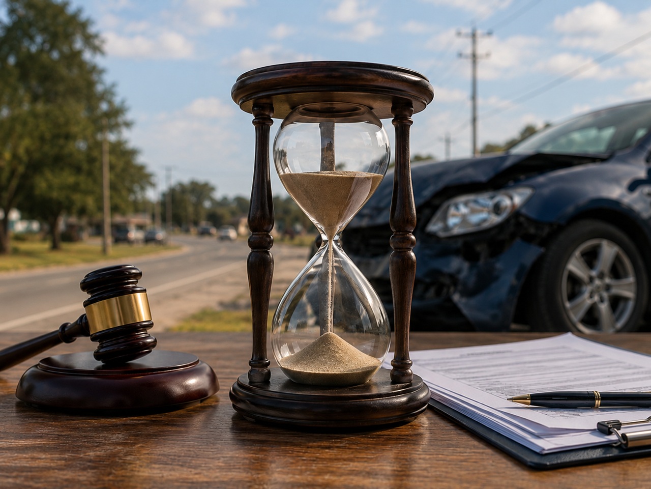 An hourglass and a judge's gavel sit alongside legal documents on a wooden surface, with a front-end damaged vehicle visible in the background on a South Carolina roadway, depicting the time-sensitive statute of limitations deadline for filing a car accident lawsuit in South Carolina.
