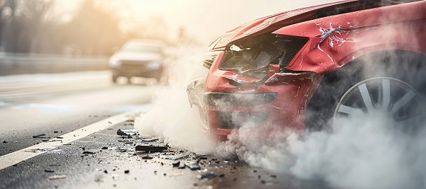 A serious car accident on a highway, showing a red car with heavy damage sideways on the road.
