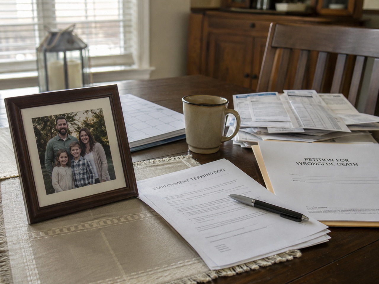 A framed family photo beside a wrongful death petition and employment termination papers on a South Carolina family's dining table, illustrating the financial losses and damages a surviving family may claim.