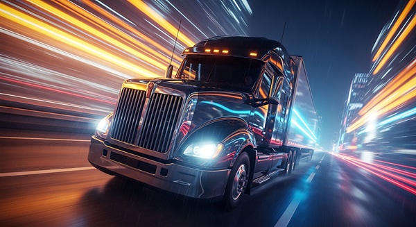 A shiny, dark semi-truck with a trailer is captured in motion on a highway at night. The truck's chrome exterior reflects vibrant streaks of neon blue and orange light from the surrounding city. The background is a blur of city lights and buildings, creating a sense of speed and dynamism. The sky is dark blue, and there are hints of rain or moisture on the road.