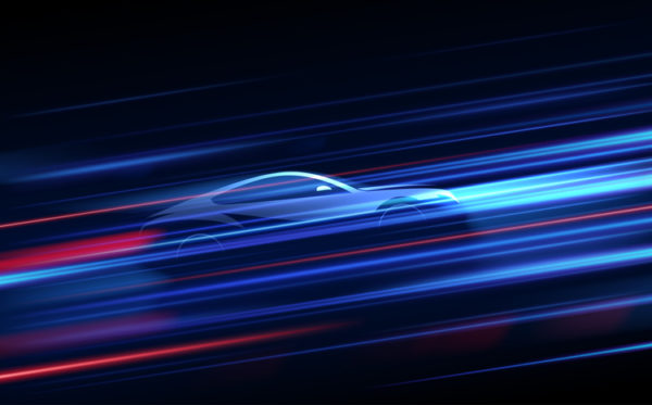 graphic showing a car speeding. A silver car drives through blue and red blur lines on a black background.