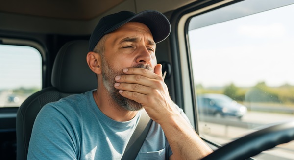 Tired truck driver yawning while driving on the highway during the day.